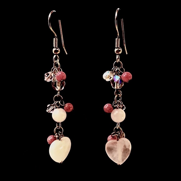 Pink & Mauve Dangle Earrings with Quartz Hearts - Picture 2 of 6
